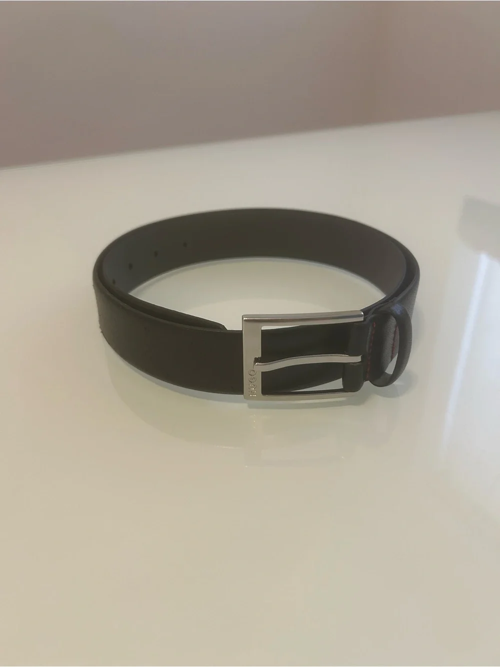 HUGO Black Leather Belt with Silver Buckle